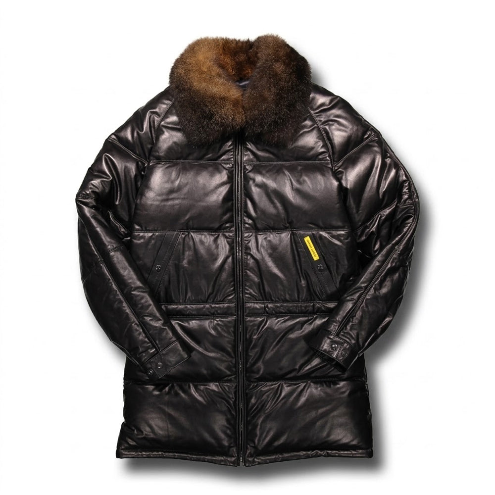 Double Goose black leather straight-quilted down parka with detachable opossum fur collar, front view