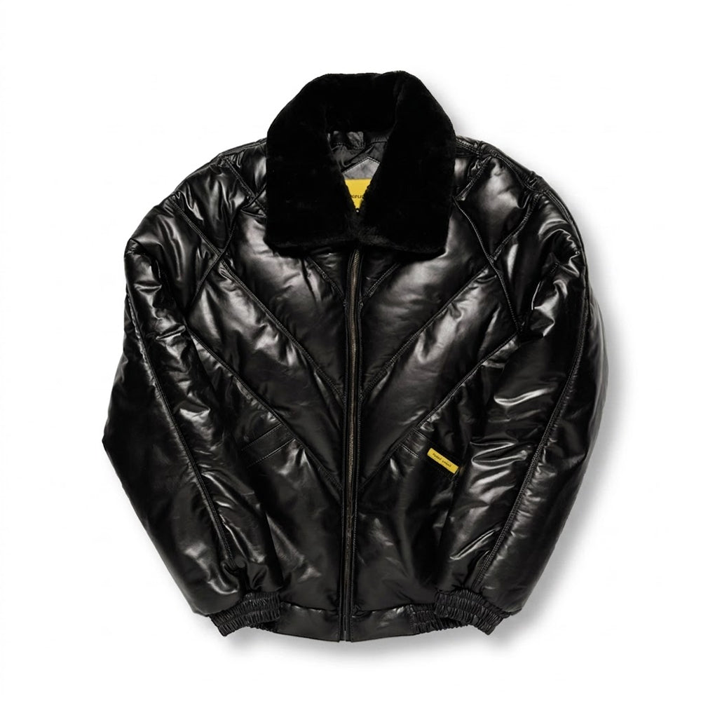 Front perspective of men's Double Goose style black lambskin leather V-bomber jacket with a detachable black shearling collar.