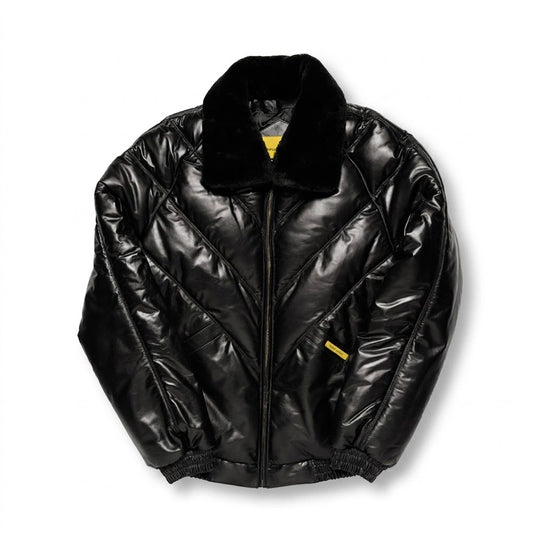 Front perspective of men's Double Goose style black lambskin leather V-bomber jacket with a detachable black shearling collar.