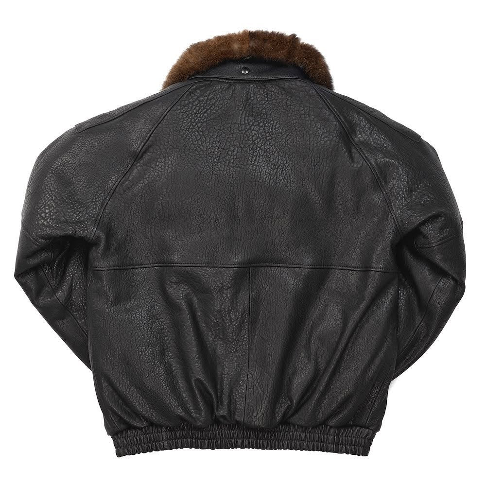 Back view of Double Goose black pebbled leather flight jacket with fur collar