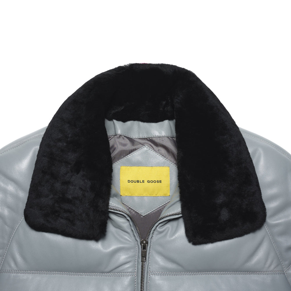 Close-up of the detachable black shearling wool collar on the Double Goose light grey leather jacket