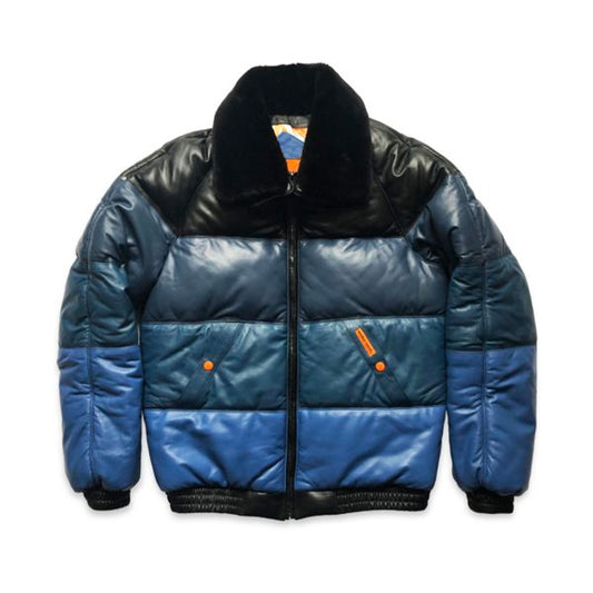Front view of classic Double Goose men's blue gradient lambskin leather V-bomber down jacket with black sheep wool collar.