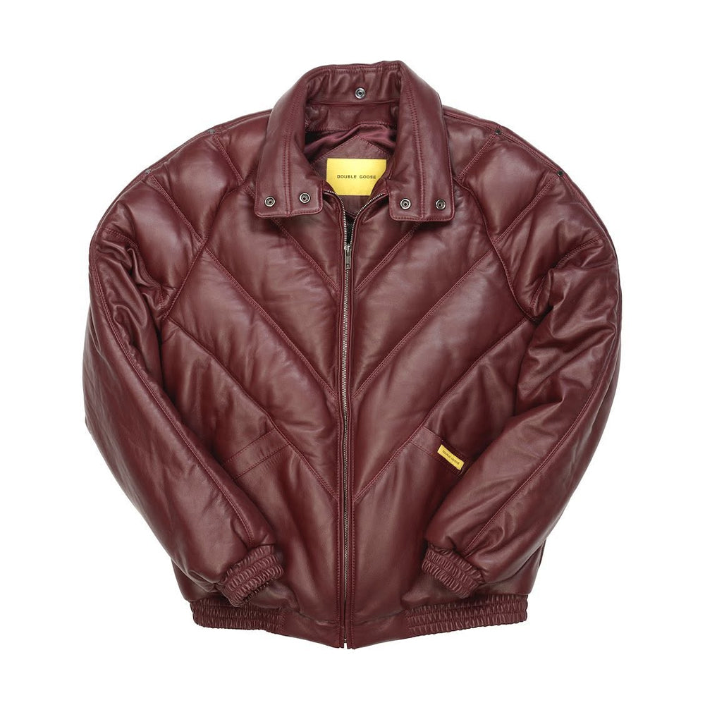 Double Goose burgundy lambskin bomber jacket with standing leather collar and elasticated cuffs