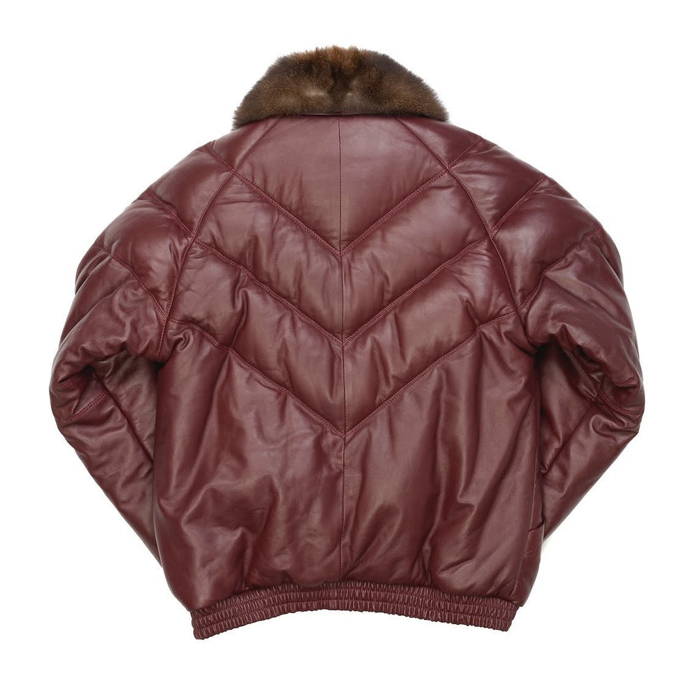 Back view of Double Goose burgundy leather bomber jacket showing chevron V-quilted panels