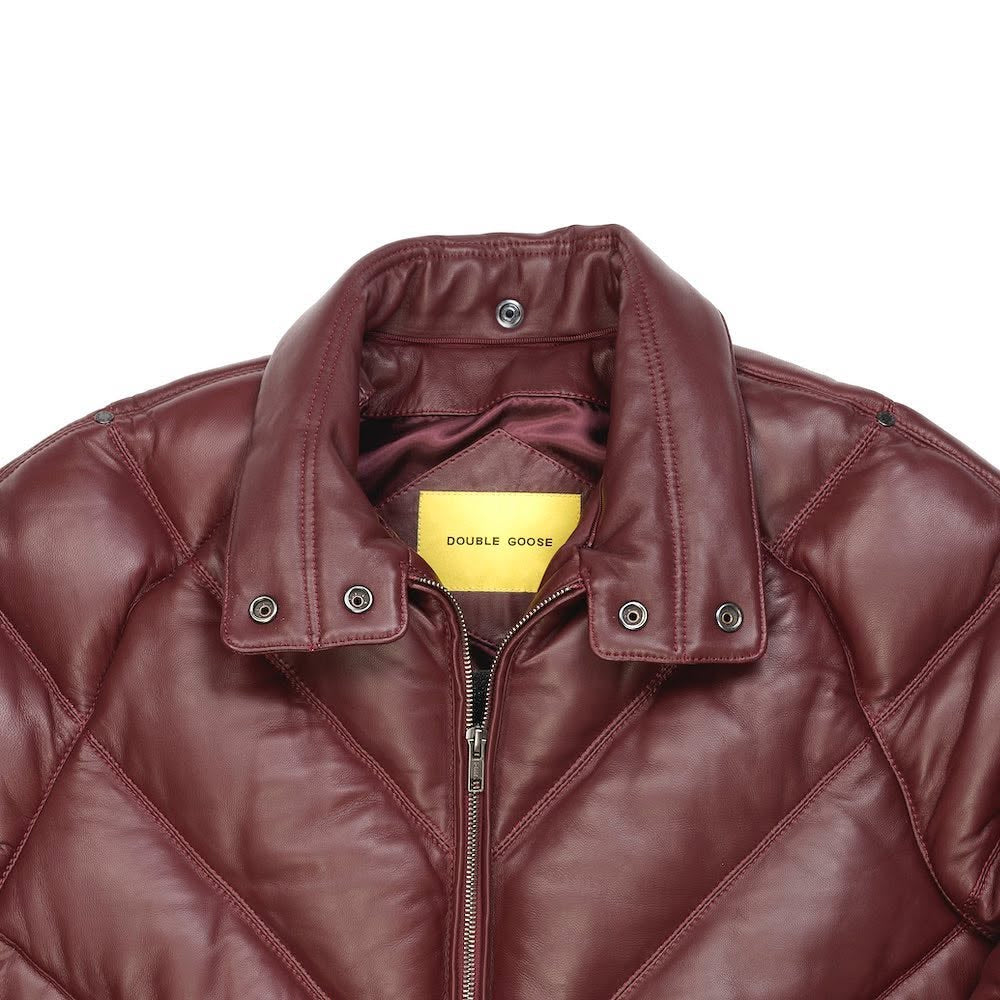 Close-up of Double Goose burgundy leather jacket stand-up collar with snap closures