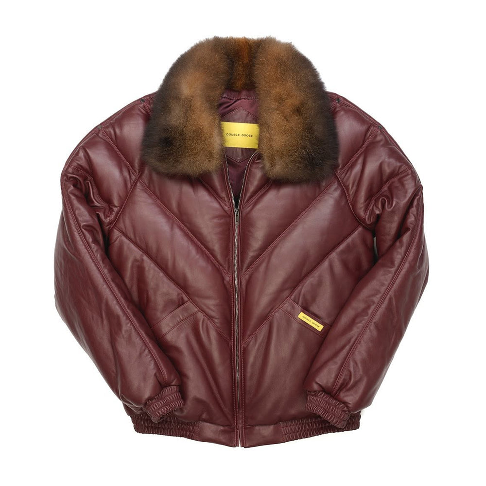 Double Goose burgundy leather V-Bomber jacket with detachable opossum fur collar, front view