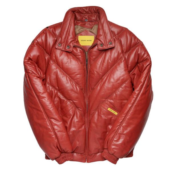 Clean front view of the Double Goose chili red calfskin bomber jacket shown without its detachable fur trim.