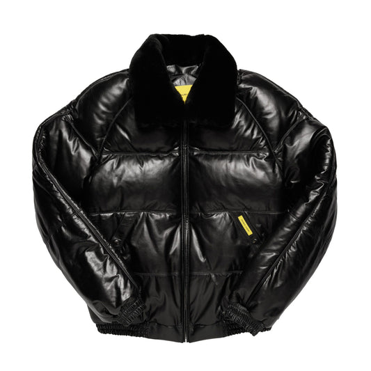 Black calfskin Country Down leather jacket with horizontal quilted panels and shearling collar, front view