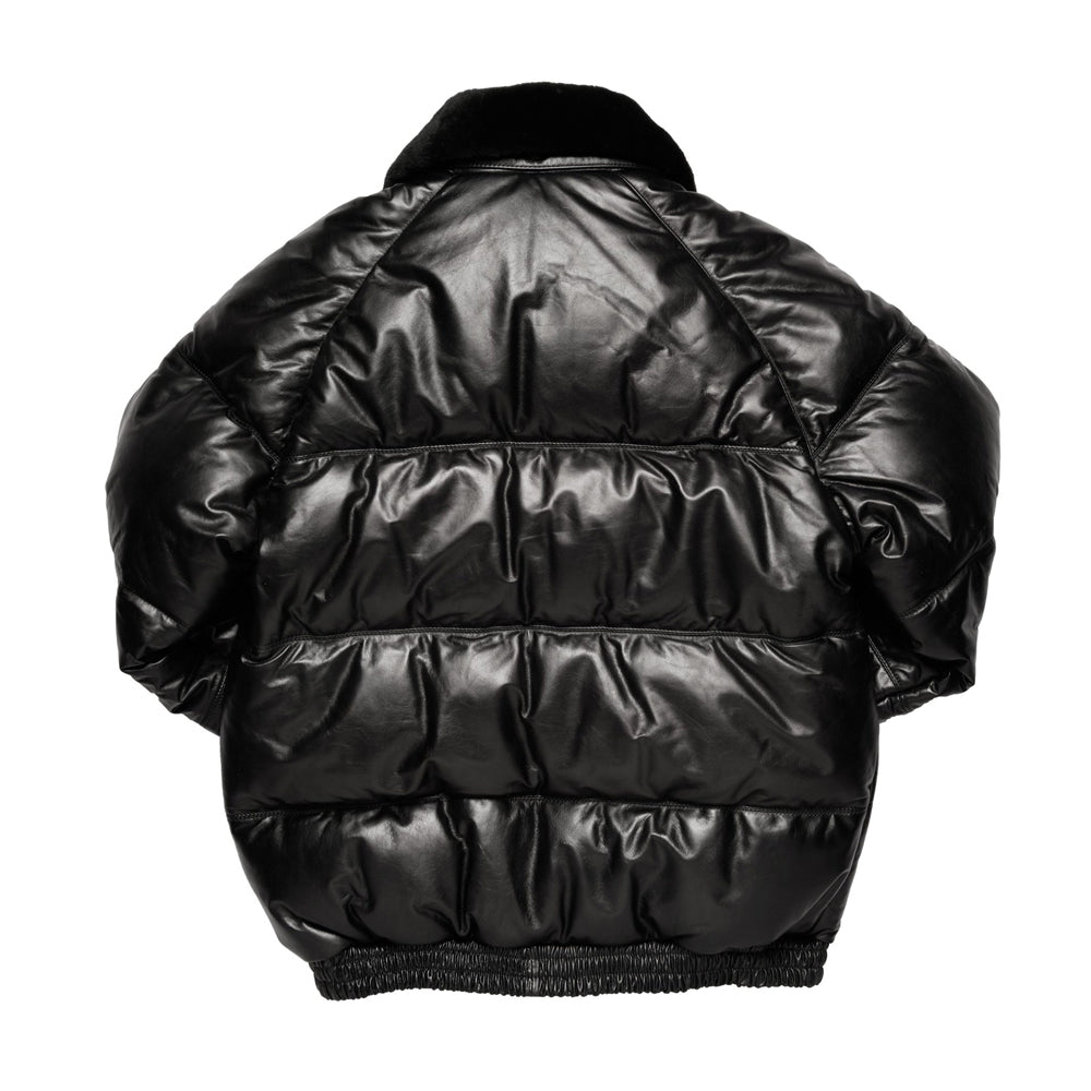 Back view of black leather Country Down jacket showing straight horizontal quilted panels