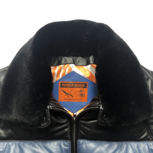 Close-up of detachable black sheep wool collar trim and stud-fastened chin guard on gradient leather jacket.