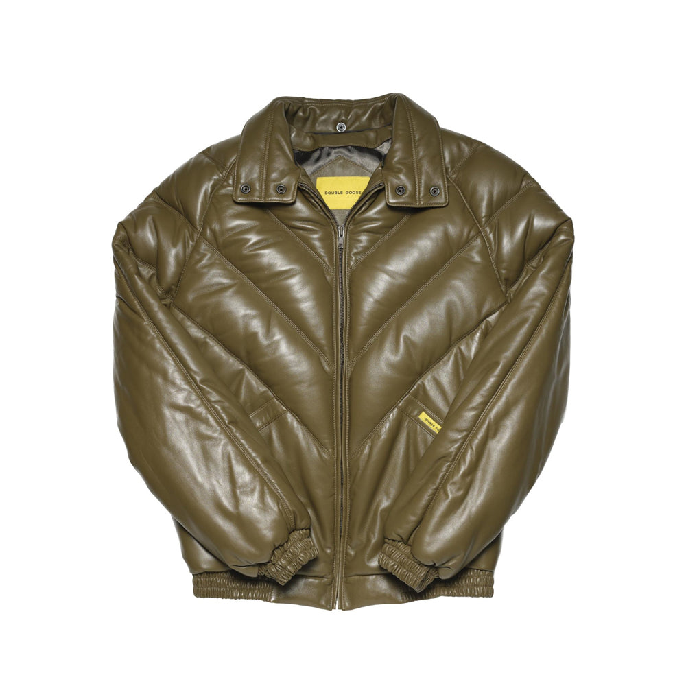 Khaki lambskin goose down leather jacket laid flat showing snap-button collar and elasticated cuffs