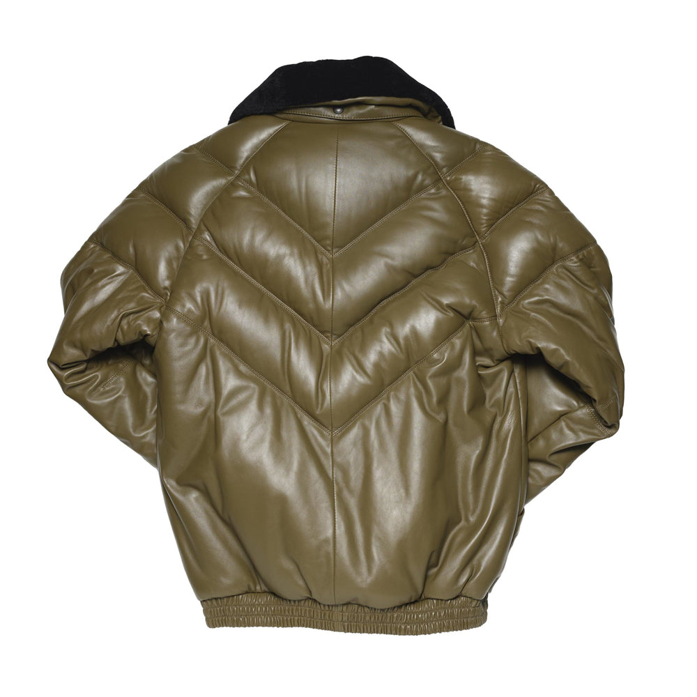 Back view of khaki leather puffer jacket highlighting the iconic Double Goose quilted V-stitch design