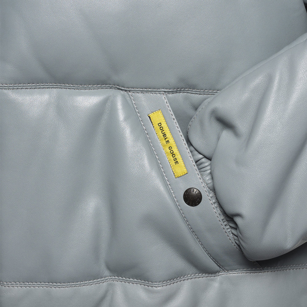 Branded Double Goose label and snap-button hand-warmer pocket on the light grey lambskin leather jacket