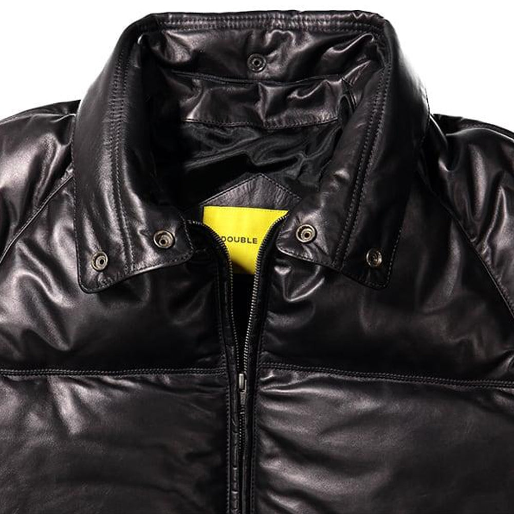 Close-up of black leather stand-up collar with snap buttons on Double Goose jacket