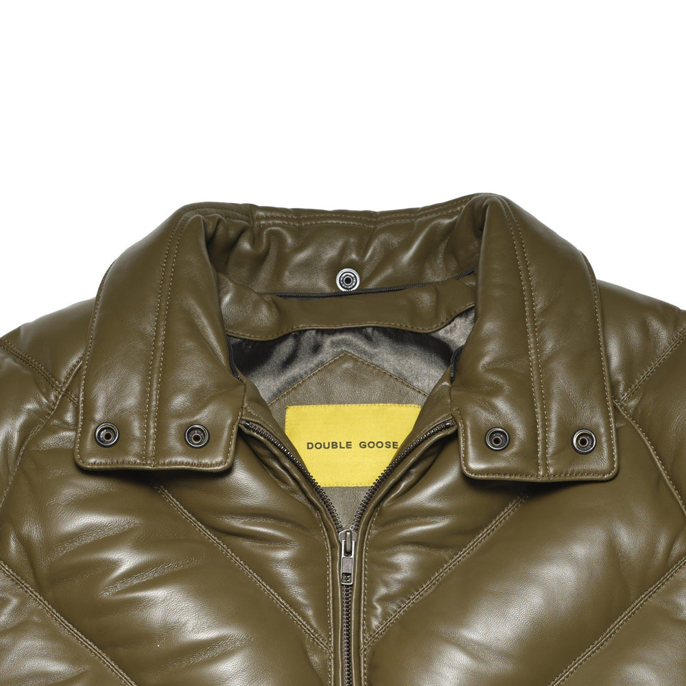 Leather stand collar detail on Double Goose bomber jacket showing snap-button shearling attachment points