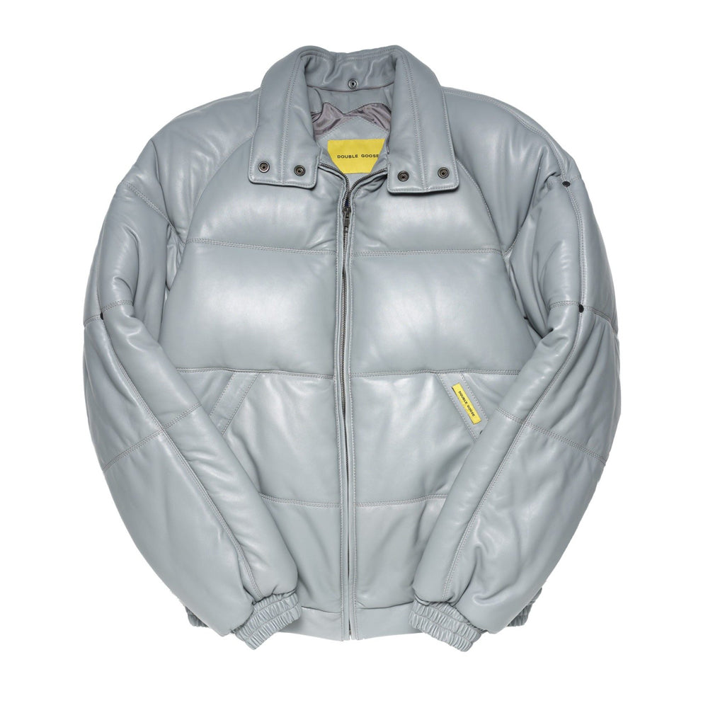 Double Goose leather V-bomber with collar folded down, revealing snap-button shearling attachment points
