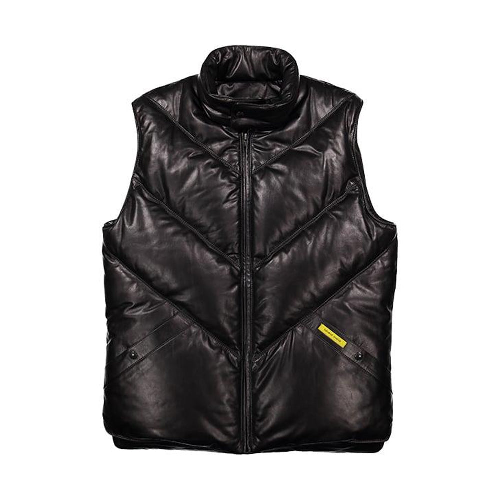 Front view of men’s Double Goose black calfskin down puffer vest with chevron panels and snap-flap pockets