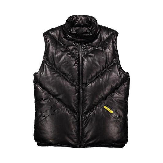 Front view of men’s Double Goose black calfskin down puffer vest with chevron panels and snap-flap pockets