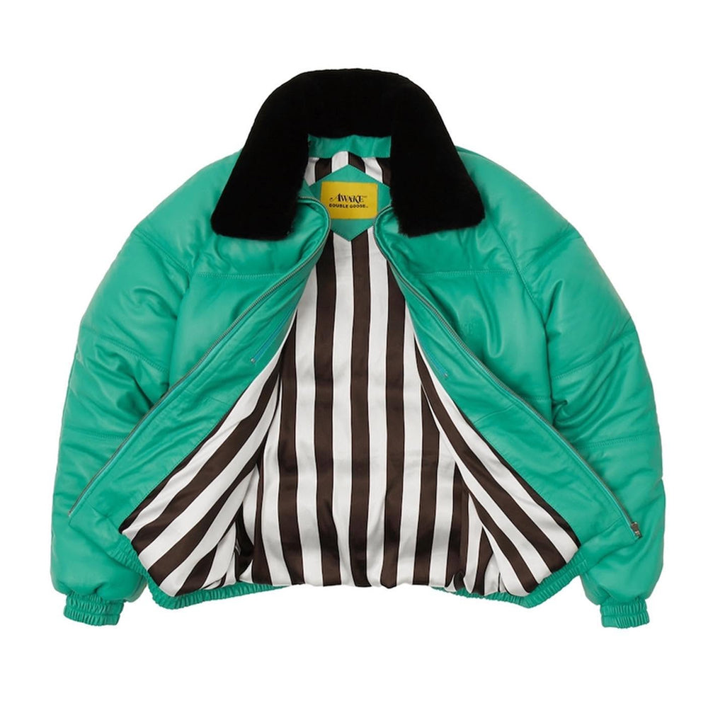 Double Goose mint green leather jacket open showing black and white striped interior lining