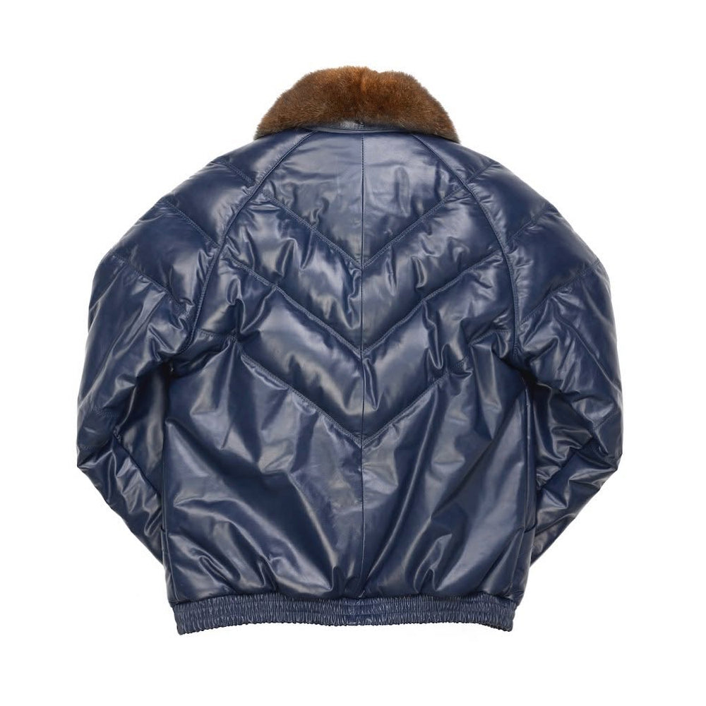 Back view of Double Goose navy leather bomber jacket with chevron quilted panels and fur collar