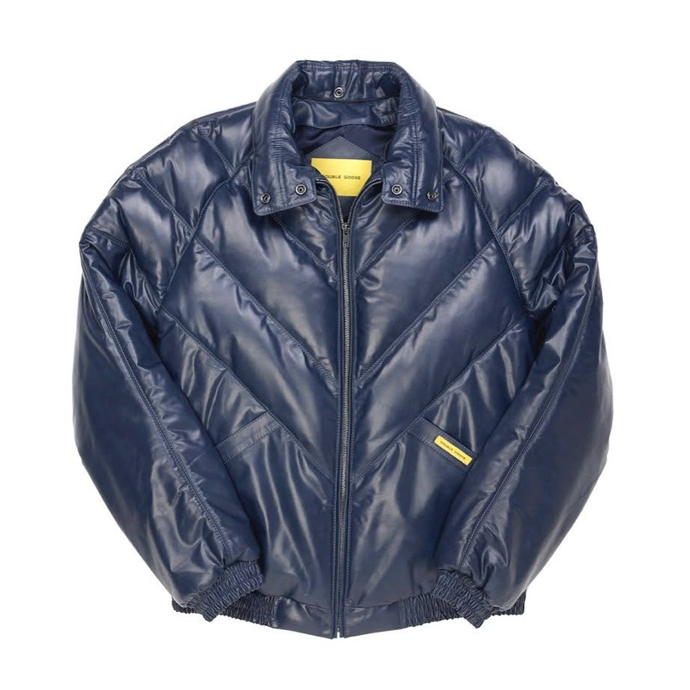 Double Goose navy leather bomber jacket showing chevron V-baffle quilting, collar flat