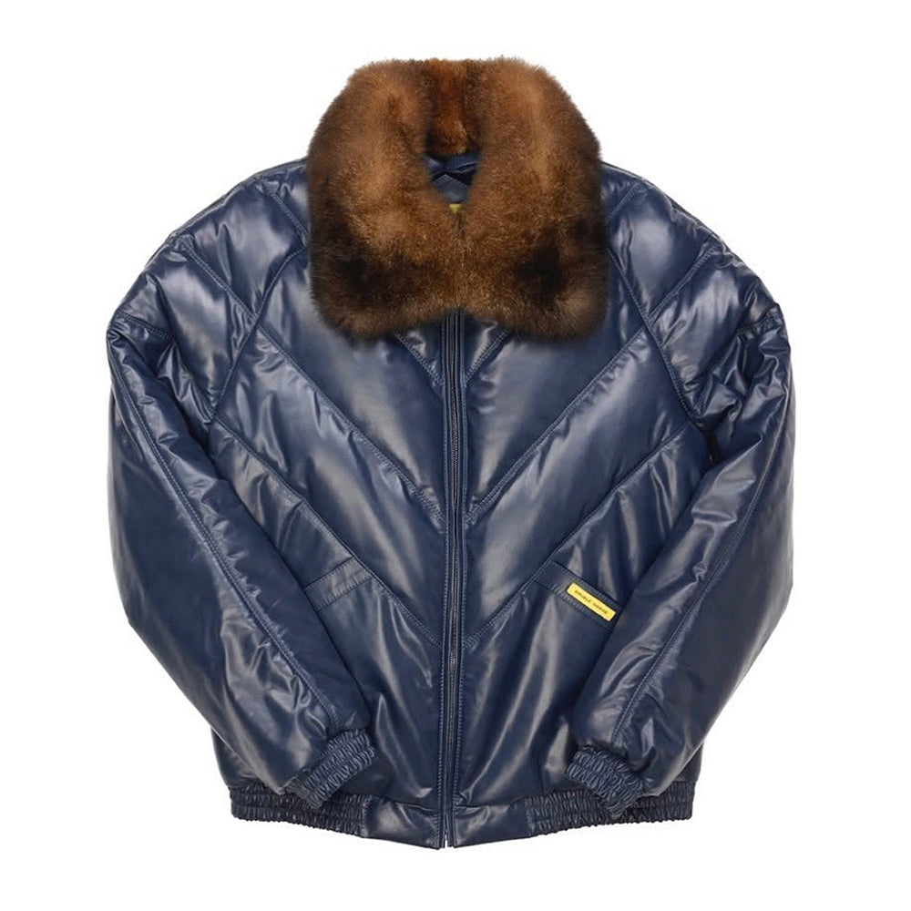 Double Goose navy blue leather V-Bomber jacket with two-tone opossum fur collar, front view