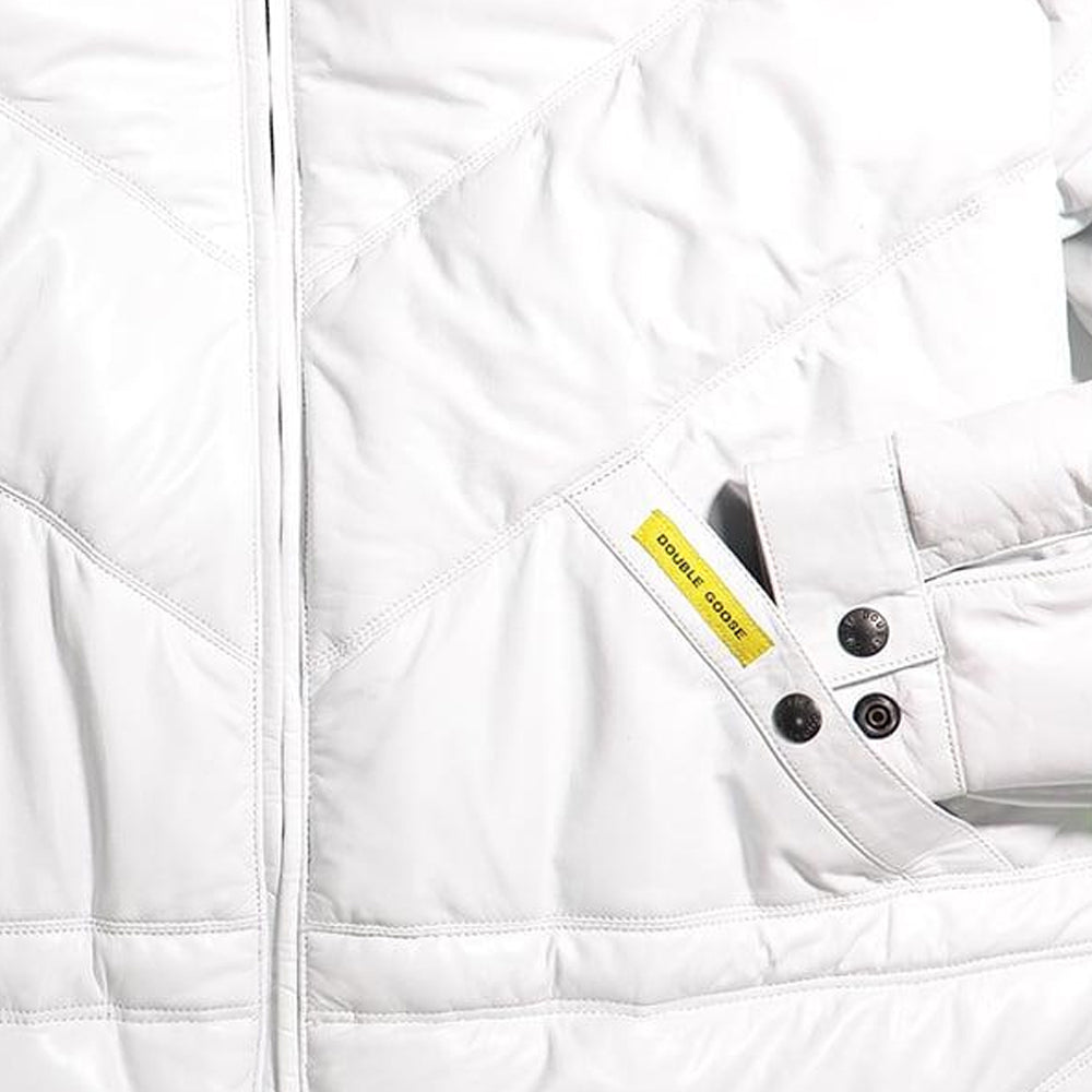 Close-up of off-white leather coat pocket with Double Goose woven brand tab and snaps