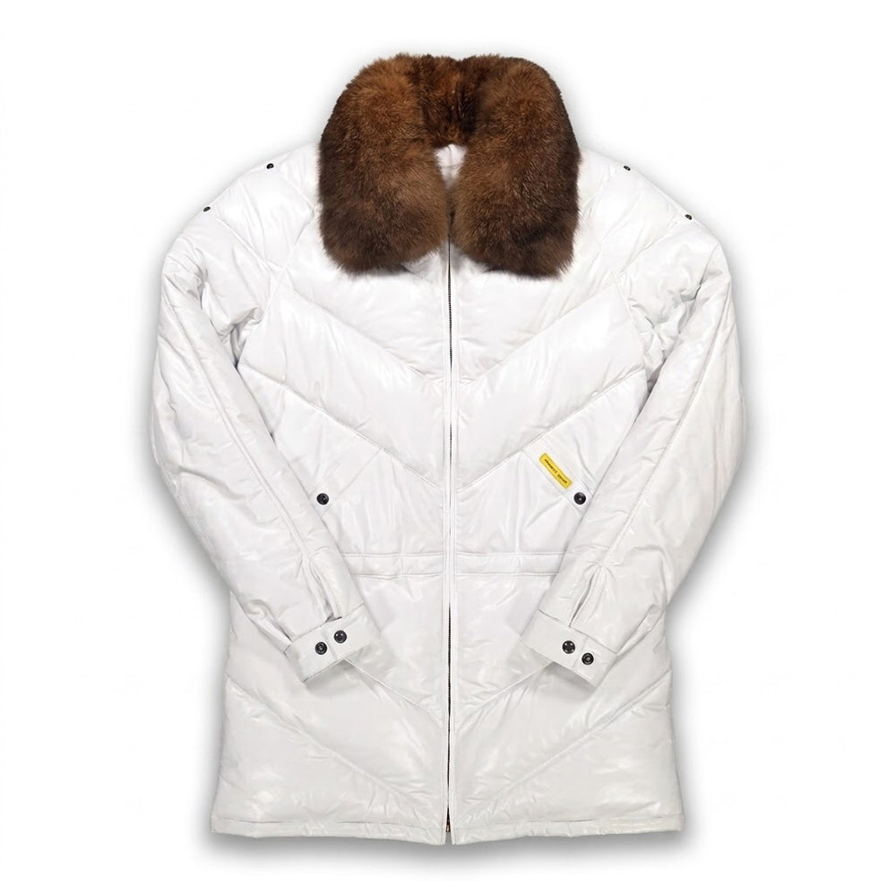 Double Goose off-white leather V-coat with detachable opossum fur collar, front view