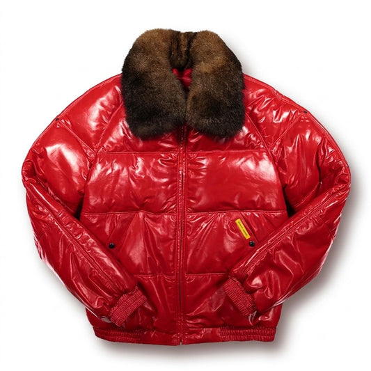 High-gloss red calfskin down jacket with detachable brown opossum fur collar, front view