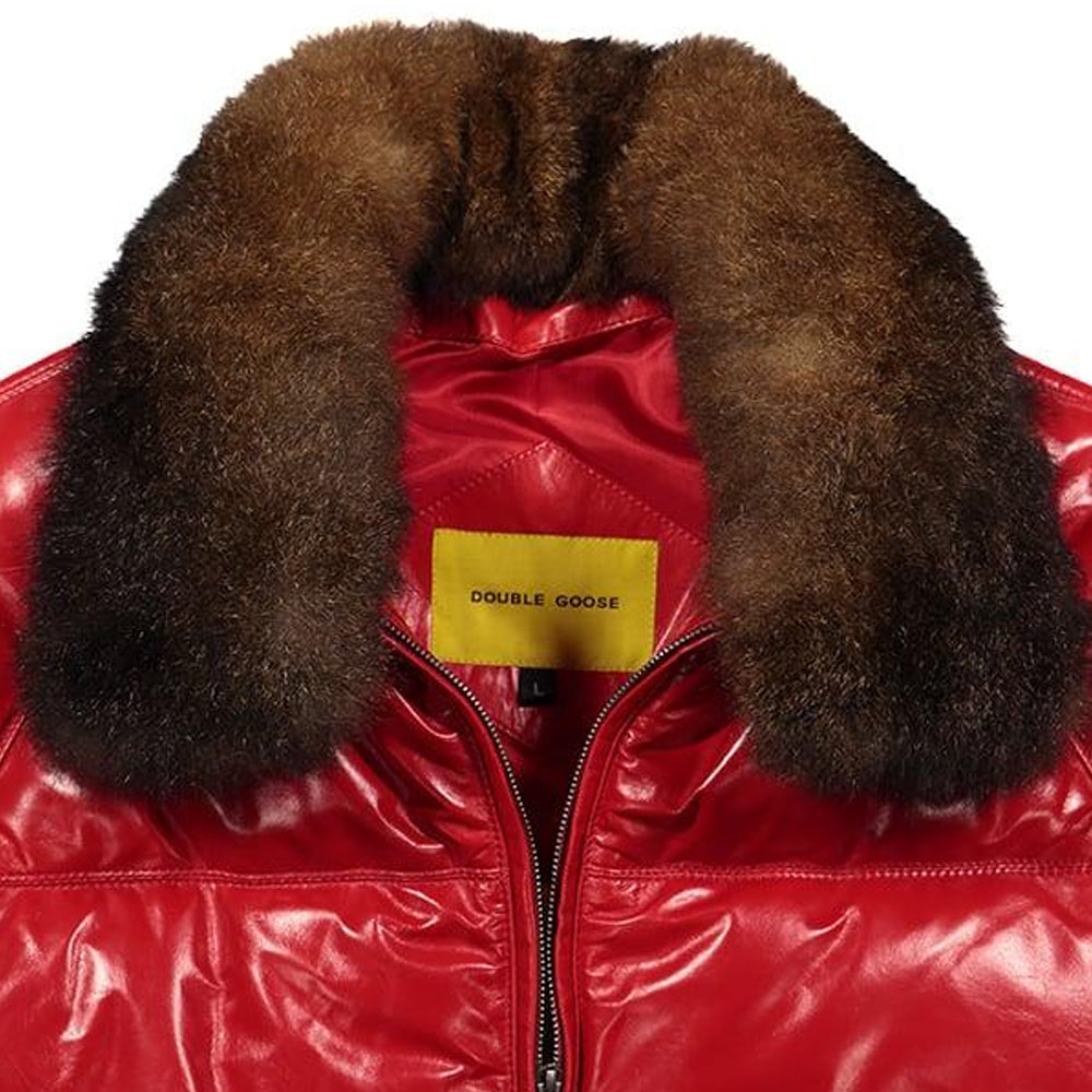 Close-up of brown opossum fur collar with yellow Double Goose woven label on red leather jacket