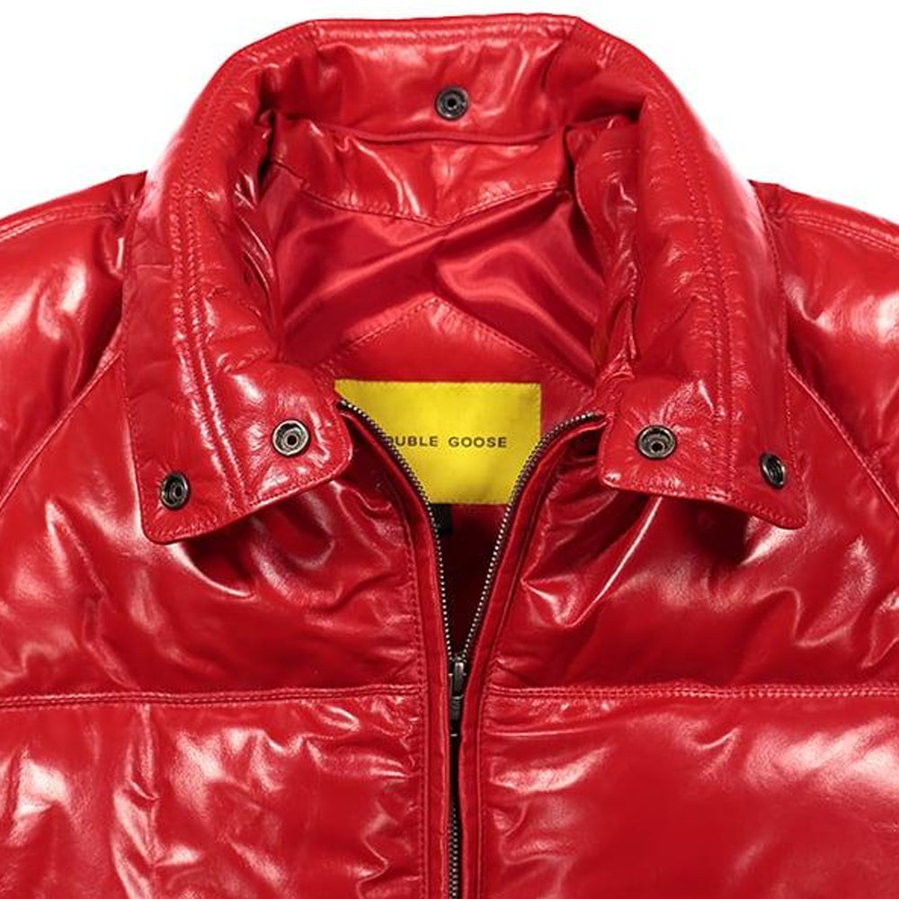 Close-up of red leather jacket stand-up collar with snap buttons and brass zipper