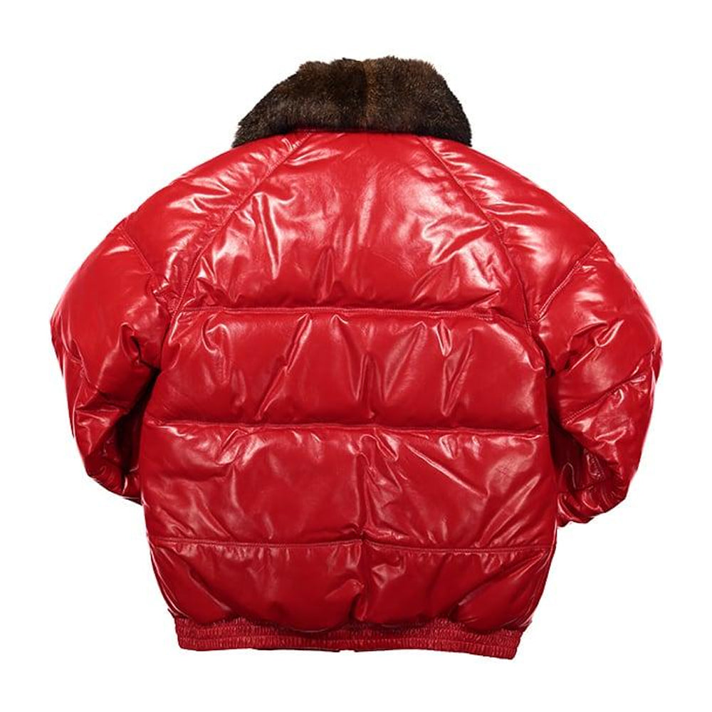 Back view of red leather Country Down jacket showing horizontal quilted panel stitching