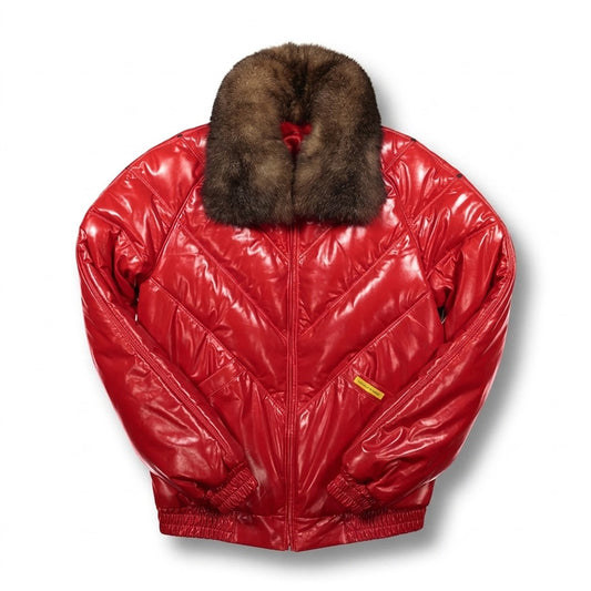 Front view of men's Double Goose style red calfskin leather V-bomber jacket featuring a brown opossum fur collar.