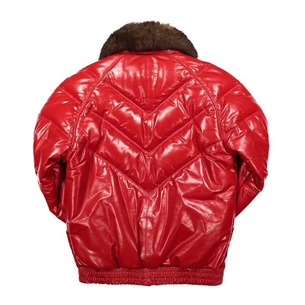 Back view of red leather V-bomber puffer jacket showing downward chevron V-quilt stitching and elasticated waist.