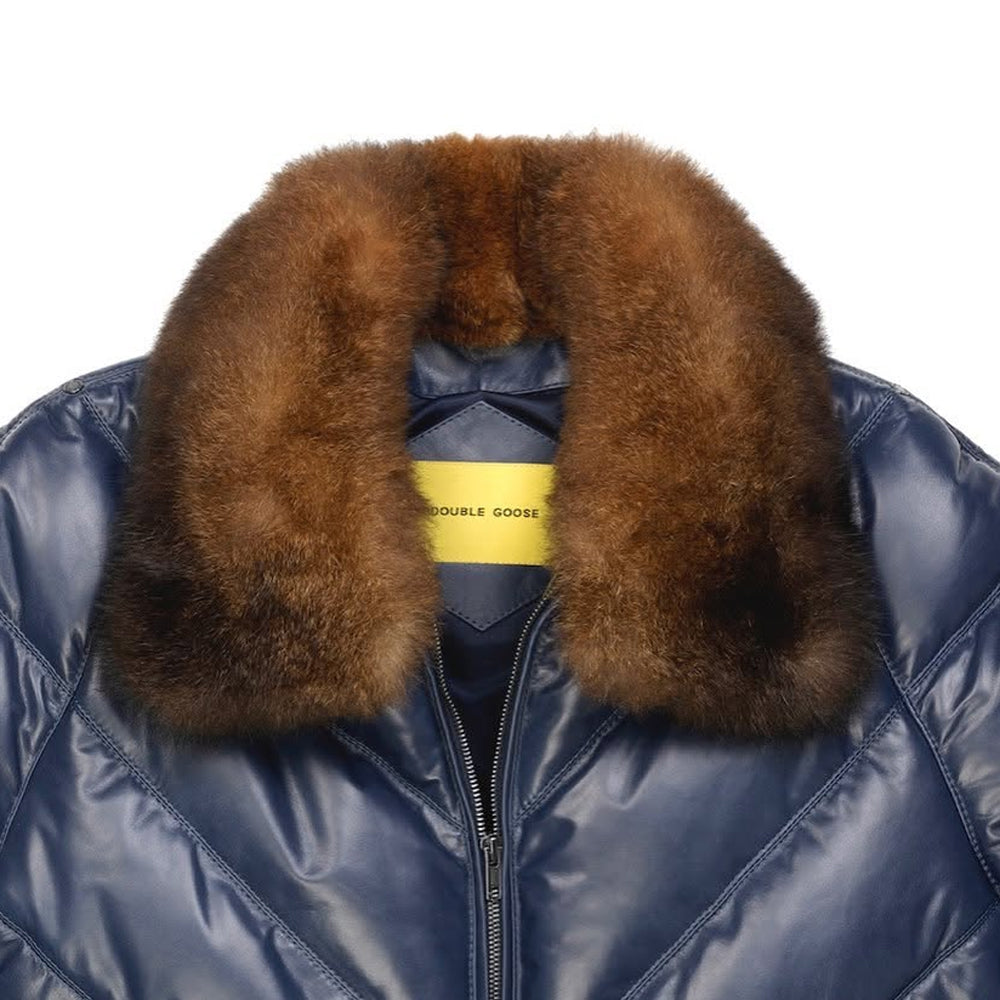 Close-up of Double Goose two-tone brown opossum fur collar on navy leather jacket