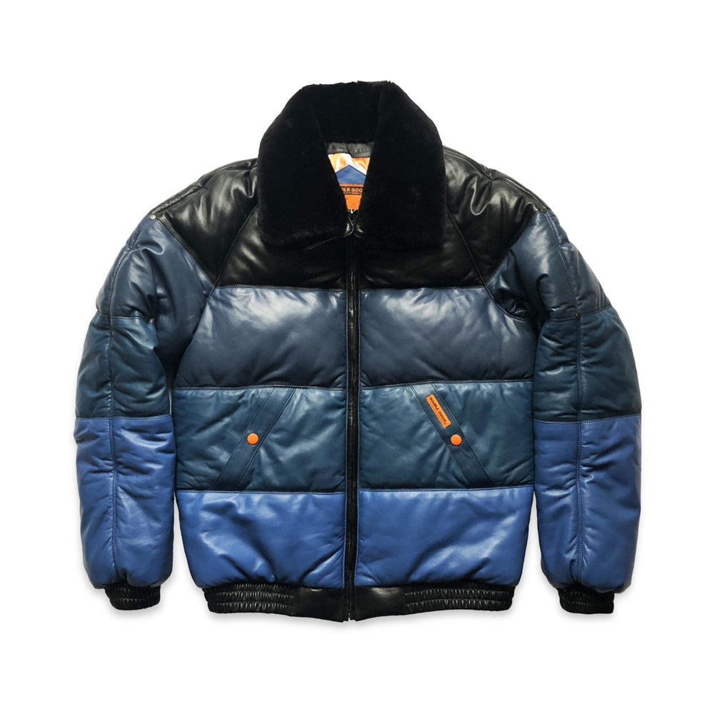 Double Goose men's V-Bomber jacket in blue gradient lambskin with black shearling collar, the original down leather jacket