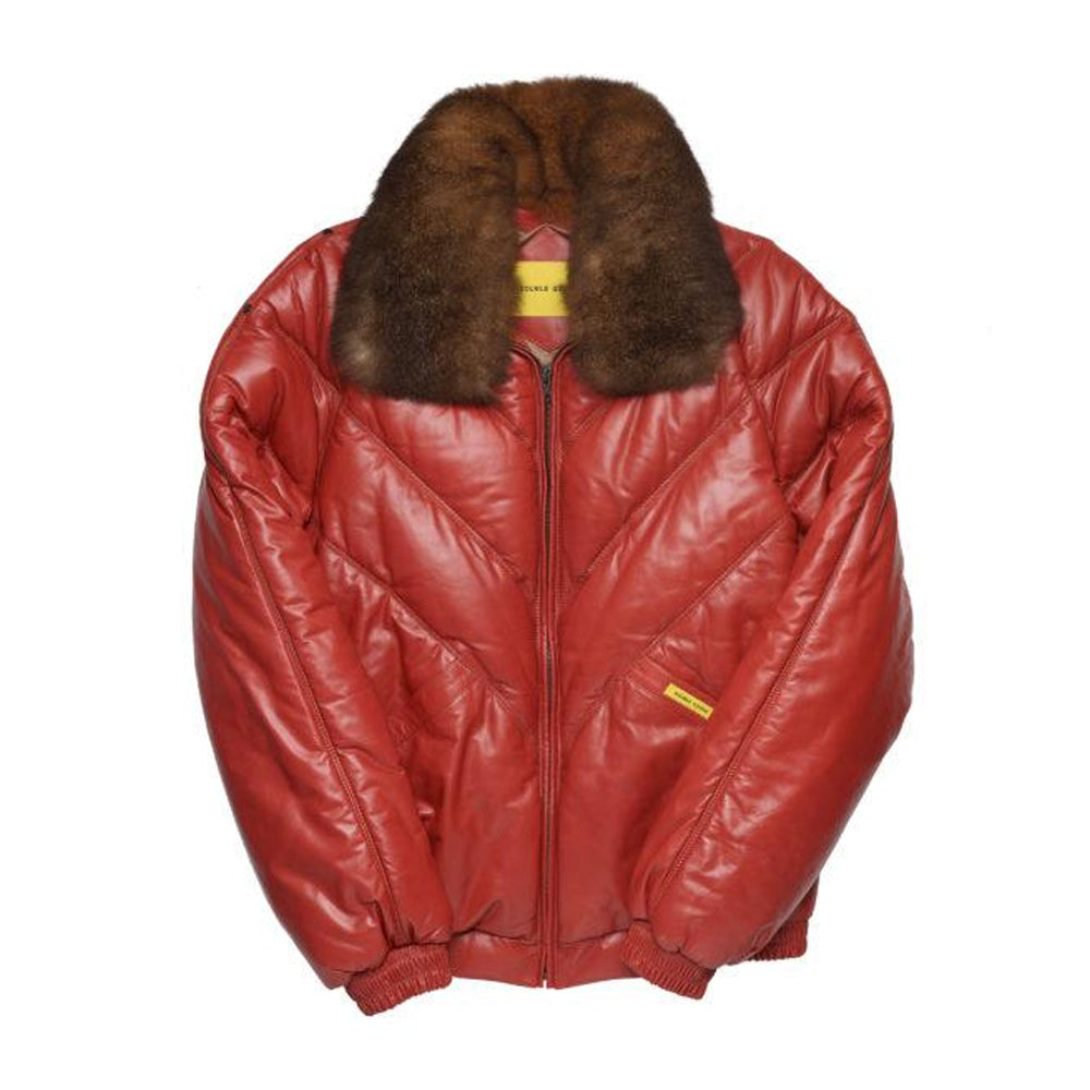 Front view of men's Double Goose V-bomber chili red leather jacket with detachable opossum fur collar trim.