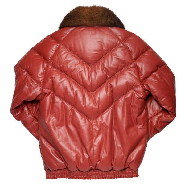 Back view of the men's Double Goose chili red leather jacket highlighting the classic horizontal down-filled quilting panels.