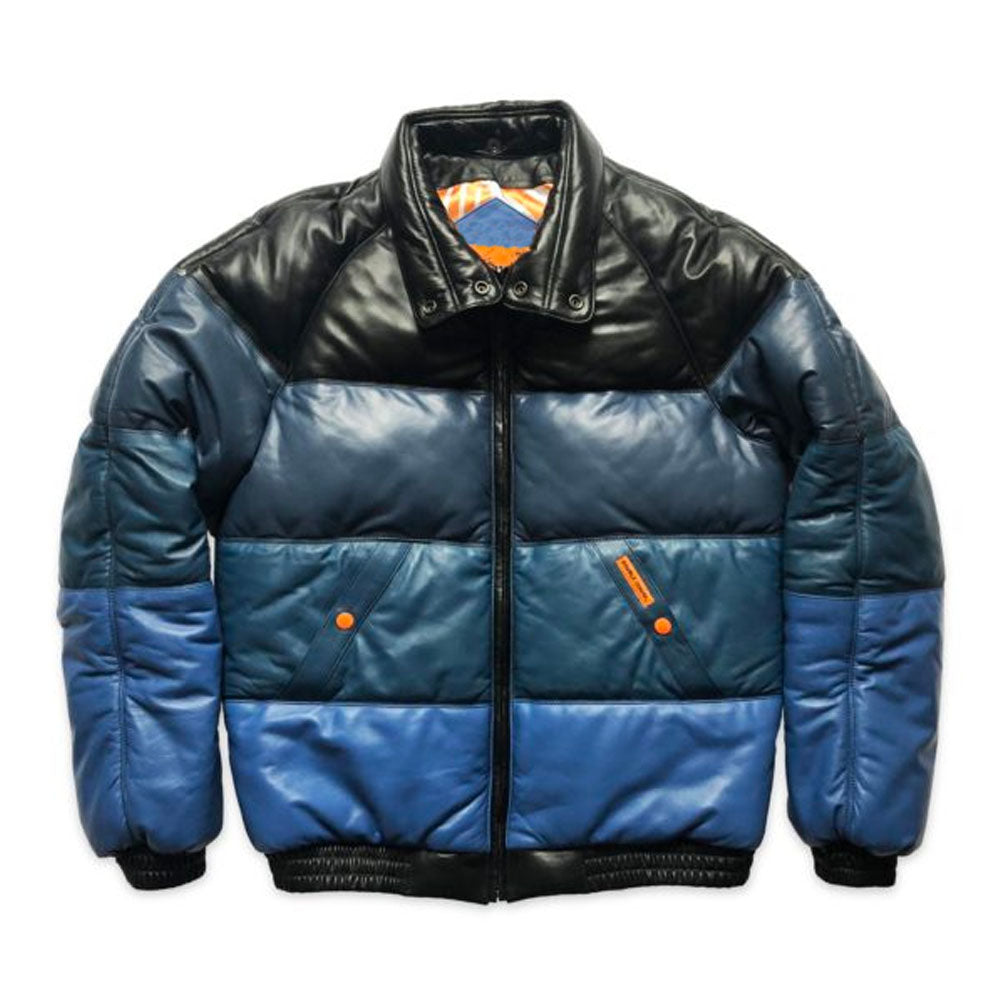 Front view of the Double Goose blue gradient leather jacket shown without the detachable sheep wool collar.