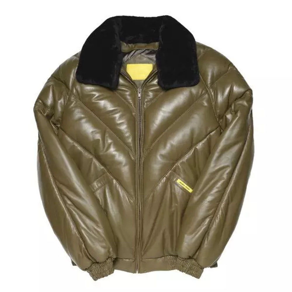 Front view of the Khaki Double Goose V-Bomber leather jacket with black shearling collar.
