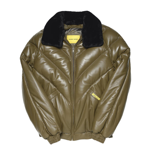 Double Goose V-Bomber khaki leather jacket with detachable black shearling collar and quilted V-design front
