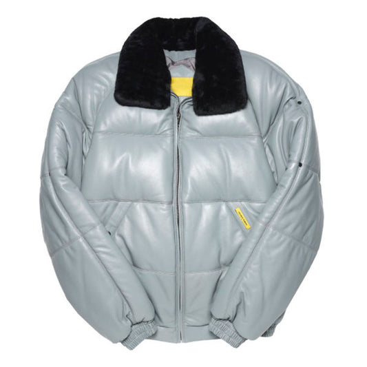 Front view of the authentic Double Goose V-Bomber in Light Grey lambskin leather with black wool collar.
