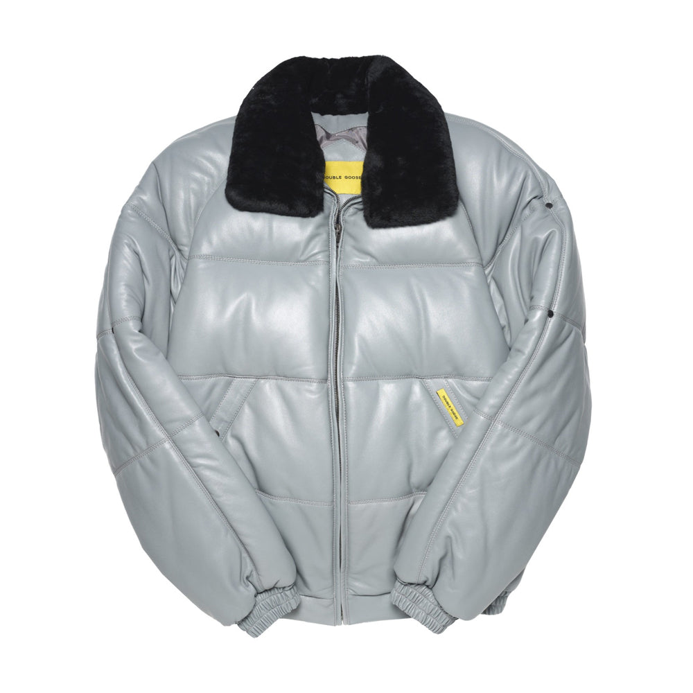 Light grey Double Goose V-Bomber leather jacket with black shearling collar, the original down leather jacket