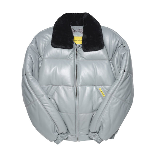 Light grey Double Goose V-Bomber leather jacket with black shearling collar, the original down leather jacket