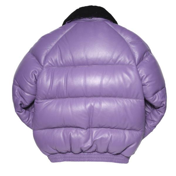 Rear view of men's Double Goose V-bomber lilac leather down jacket showing horizontal quilting.