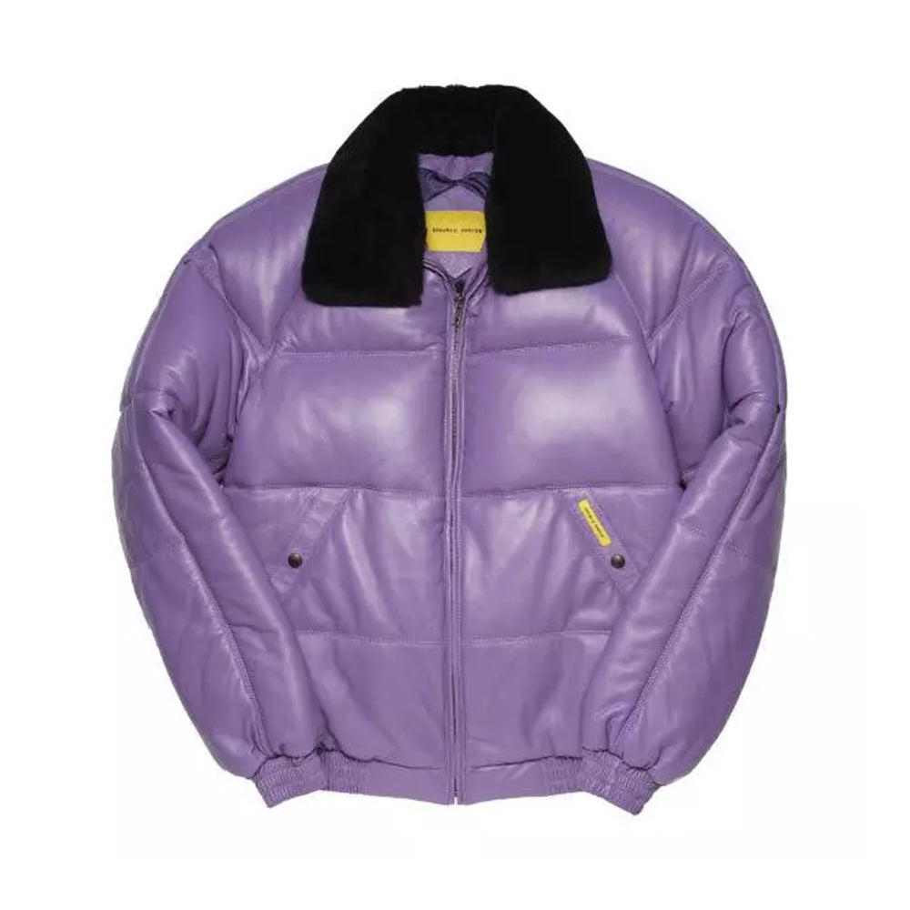 Front view of men's Double Goose V-bomber lilac leather jacket featuring a detachable black sheep wool collar.