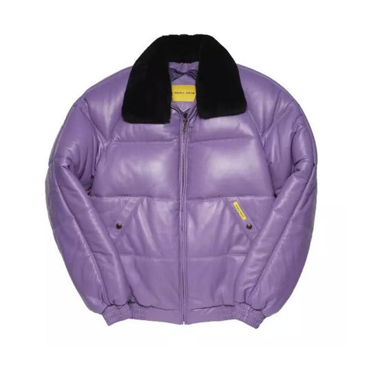 Front view of men's Double Goose V-bomber lilac leather jacket featuring a detachable black sheep wool collar.
