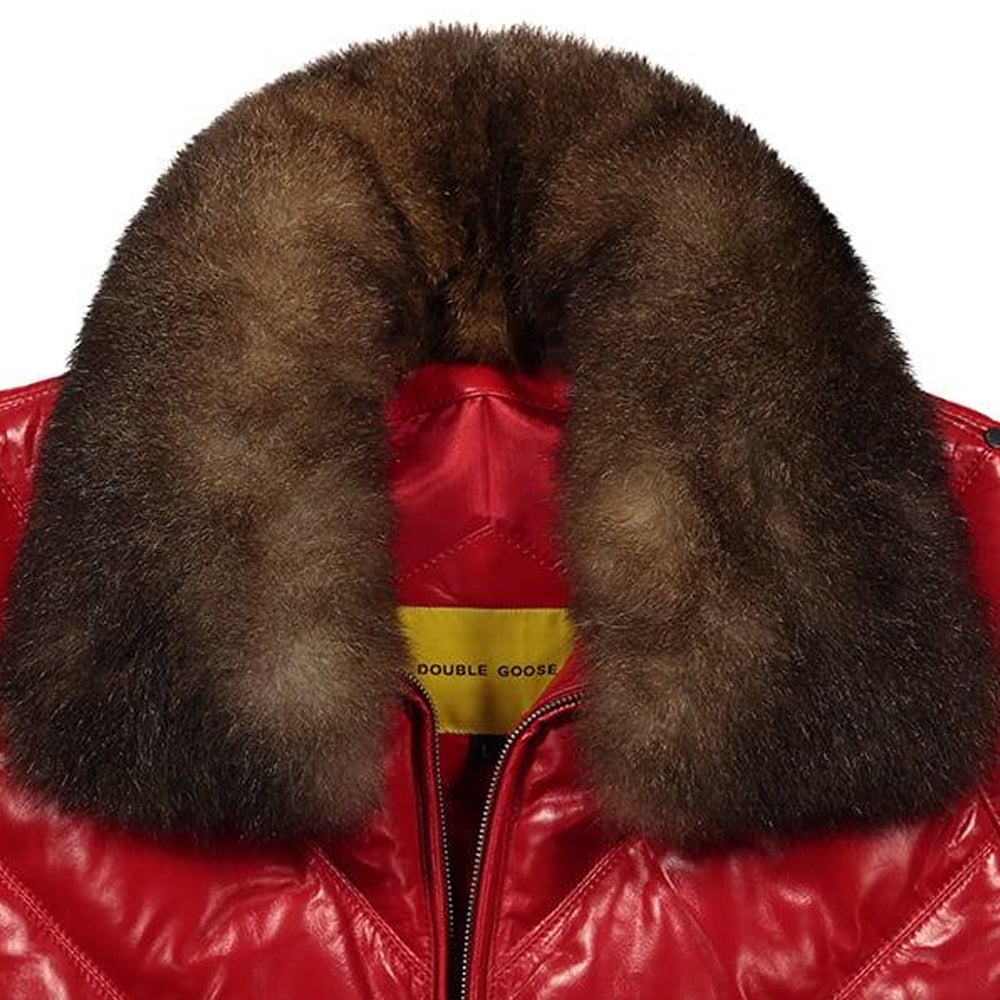 Close-up shot of detachable brown opossum fur collar and signature yellow Double Goose woven tag.