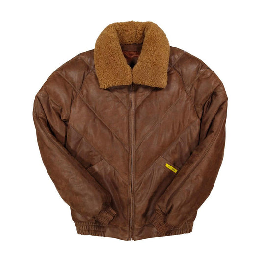 Tan brown calfskin V-bomber leather jacket with detachable shearling wool collar, front view