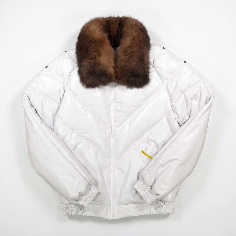 White calfskin V-bomber jacket with detachable brown opossum fur collar, front view